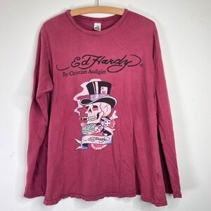 Vintage Y2K Ed Hardy Long Sleeve Graphic Tee Skull Tattoo T-Shirt Top Streetwear